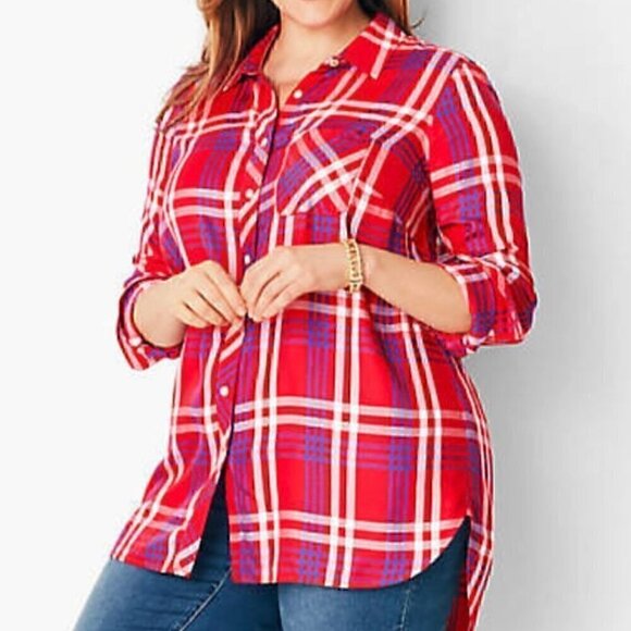 TALBOTS Red White Blue Plaid Long Sleeve 100% Rayon Button Down Shirt / Tunic S - Picture 1 of 14